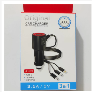 Original Car Charger A903 3 In 1 AAA Quality Fast Charging Car Adapter With Micro USB Type C Lightning Cables Dual USB Port Universal Car Charger For Android iPhone
