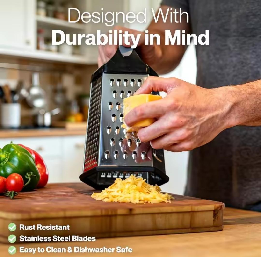 6 Sided Portable Multifunctional Grater for Kitchen Use – Stainless Steel Handheld Vegetable Fruit Cheese Zester Shredder with Safety Handle for Cooking, Meal Prep, and Easy Cleaning