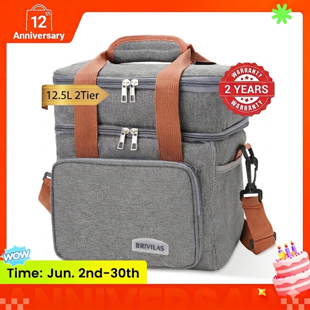 MVNVM Insulated Lunch Box for Men & Women - Collapsible Cooler Bag Leakproof Double Deck, Large 12.5L Adult Lunch Bags for Work, Travel - Black Lunch Bag Cooler Lunch Box with Adjustable Strap