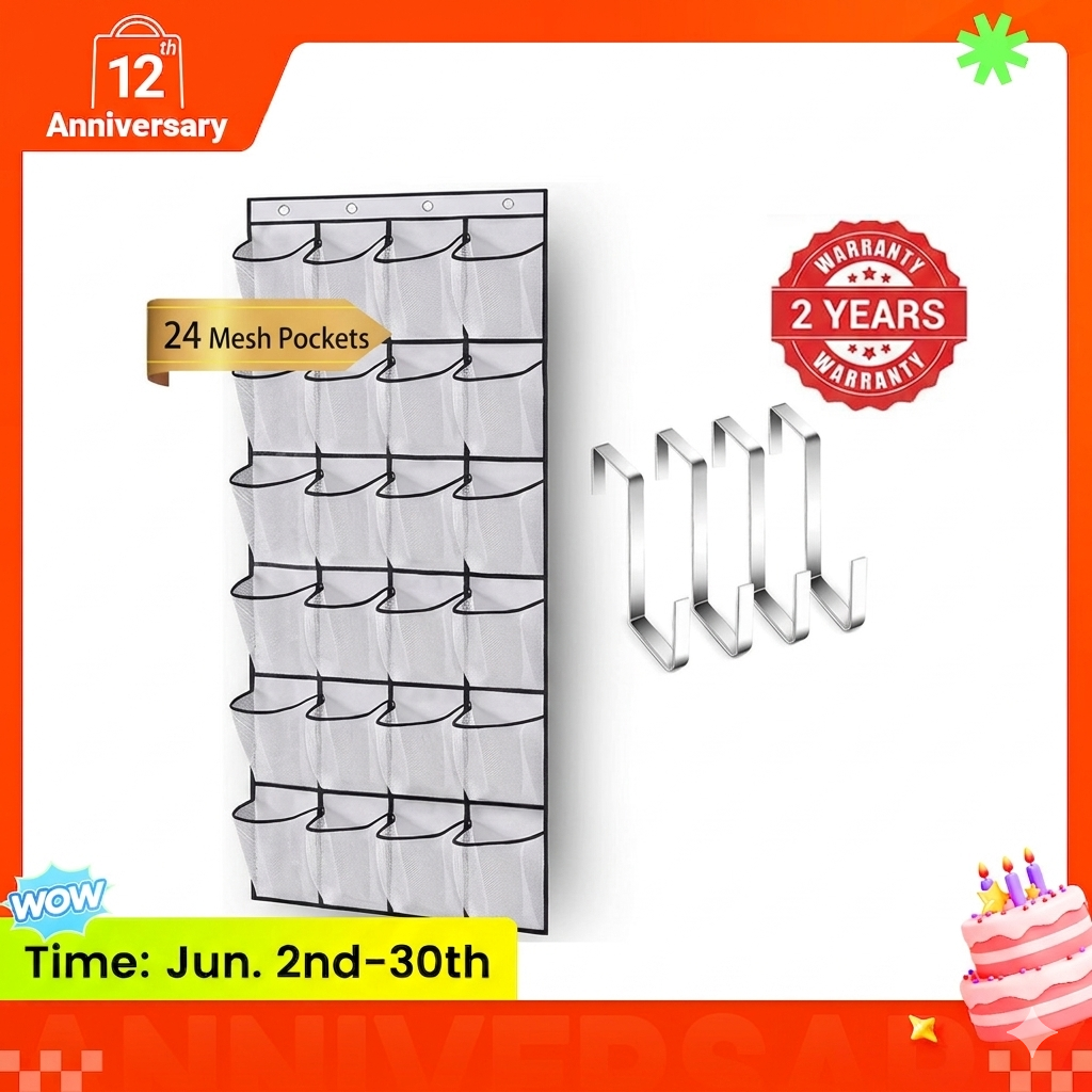 MVNVM Large Pockets Over The Door Shoe Organizer, Hanging Shoe Organizer for Closet, Premium Clear Shoe Rack for Door, Shoes Hanger Organizers Storage Holder for Back of Door and 4Metal Hook White