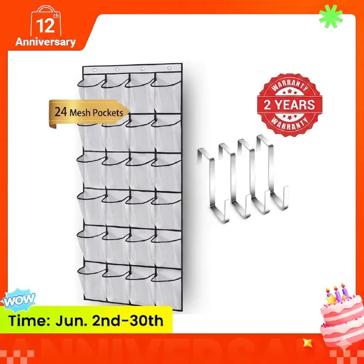 MVNVM Large Pockets Over The Door Shoe Organizer, Hanging Shoe Organizer for Closet, Premium Clear Shoe Rack for Door, Shoes Hanger Organizers Storage Holder for Back of Door and 4Metal Hook White