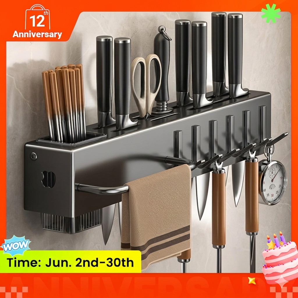MVNVM  Wall-Mounted Kitchen Organizer - Knife & Utensil Holder with Hooks for Cooking Tools & Towels | Space-Saving Kitchen Storage Rack | Heavy-Duty, Easy Installation & Rust-Resistant.