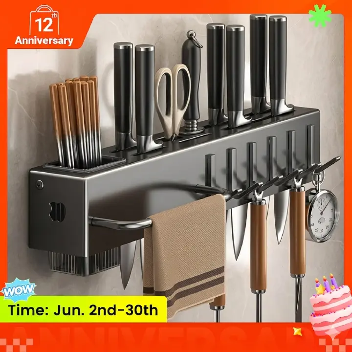 MVNVM  Wall-Mounted Kitchen Organizer - Knife & Utensil Holder with Hooks for Cooking Tools & Towels | Space-Saving Kitchen Storage Rack | Heavy-Duty, Easy Installation & Rust-Resistant.