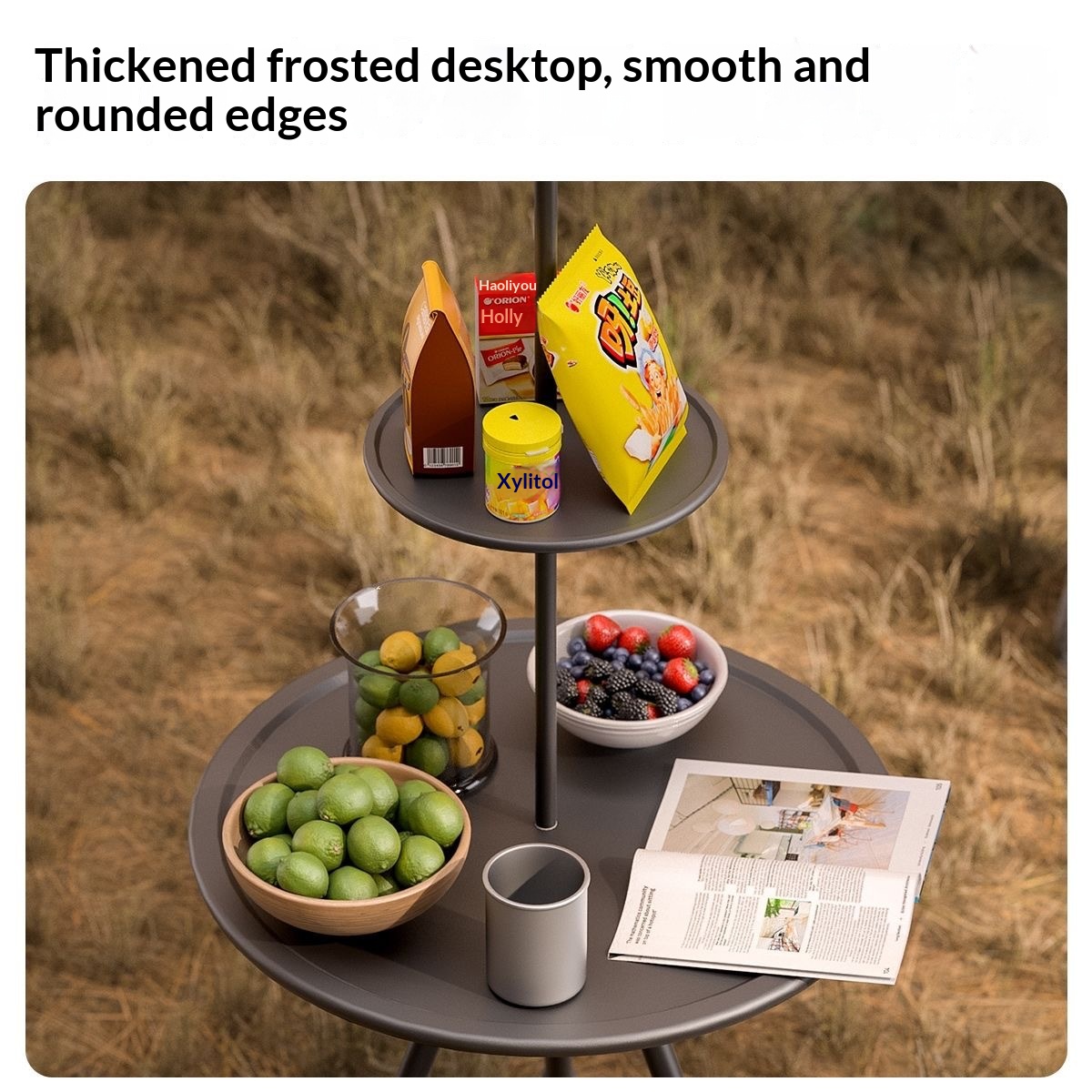 Foldable Portable Camping Round Side Table Adjustable Height Outdoor Picnic Coffee Table with Detachable Lamp Holder