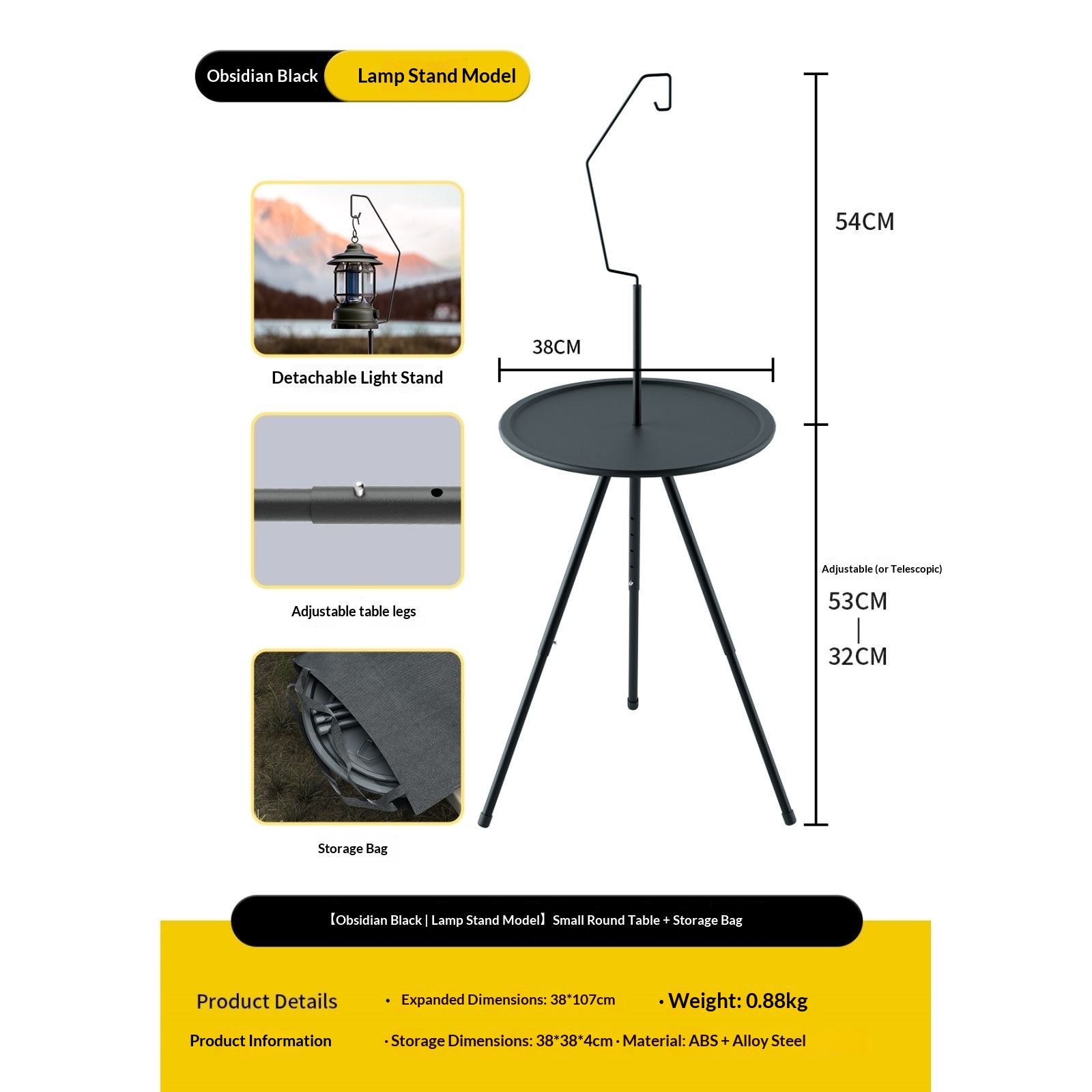 Foldable Portable Camping Round Side Table Adjustable Height Outdoor Picnic Coffee Table with Detachable Lamp Holder