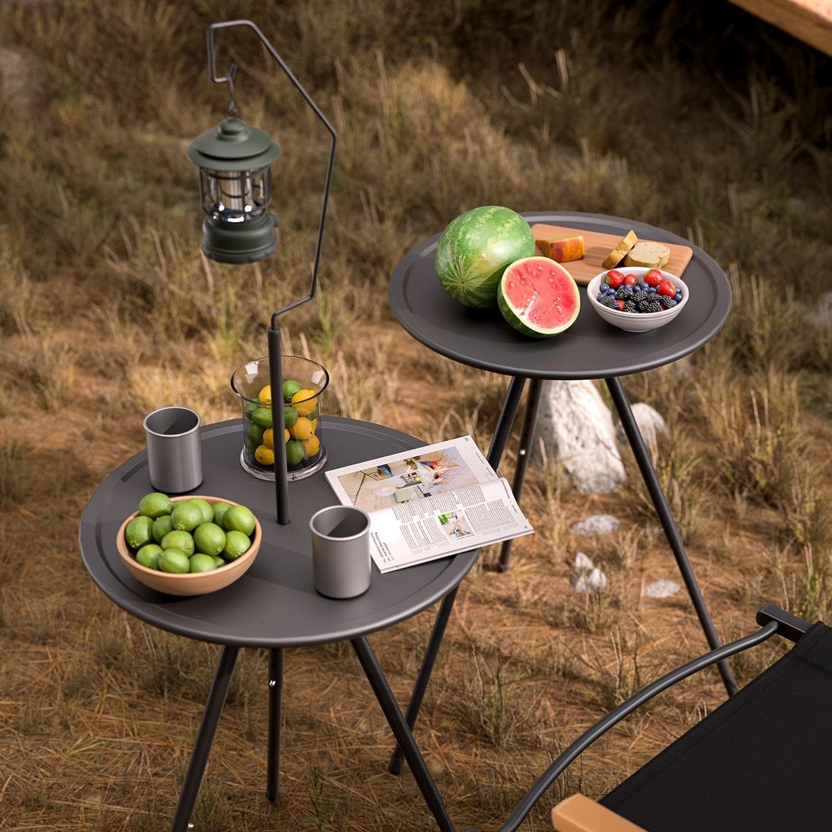 Foldable Portable Camping Round Side Table Adjustable Height Outdoor Picnic Coffee Table with Detachable Lamp Holder