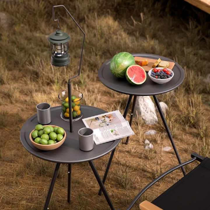 Foldable Portable Camping Round Side Table Adjustable Height Outdoor Picnic Coffee Table with Detachable Lamp Holder
