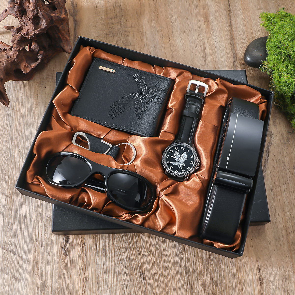 Men Gift Set 6Pcs Creative Simple Combo, Wrist Watch+Leather Belt+Wallet+Sunglasses+Pen+Keychain, Elegant Gift Box Packing