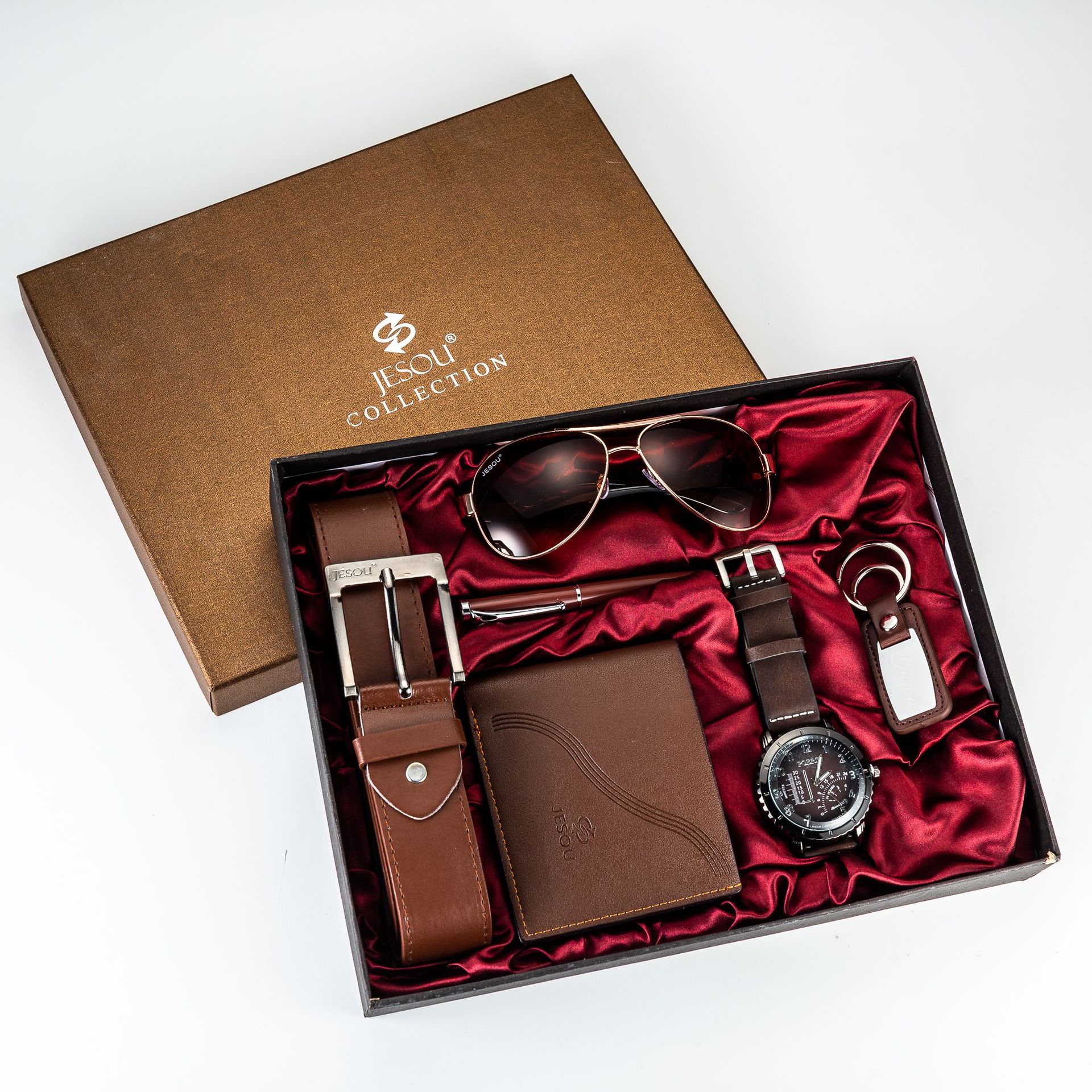 Men Gift Set 6Pcs Creative Simple Combo, Wrist Watch+Leather Belt+Wallet+Sunglasses+Pen+Keychain, Elegant Gift Box Packing