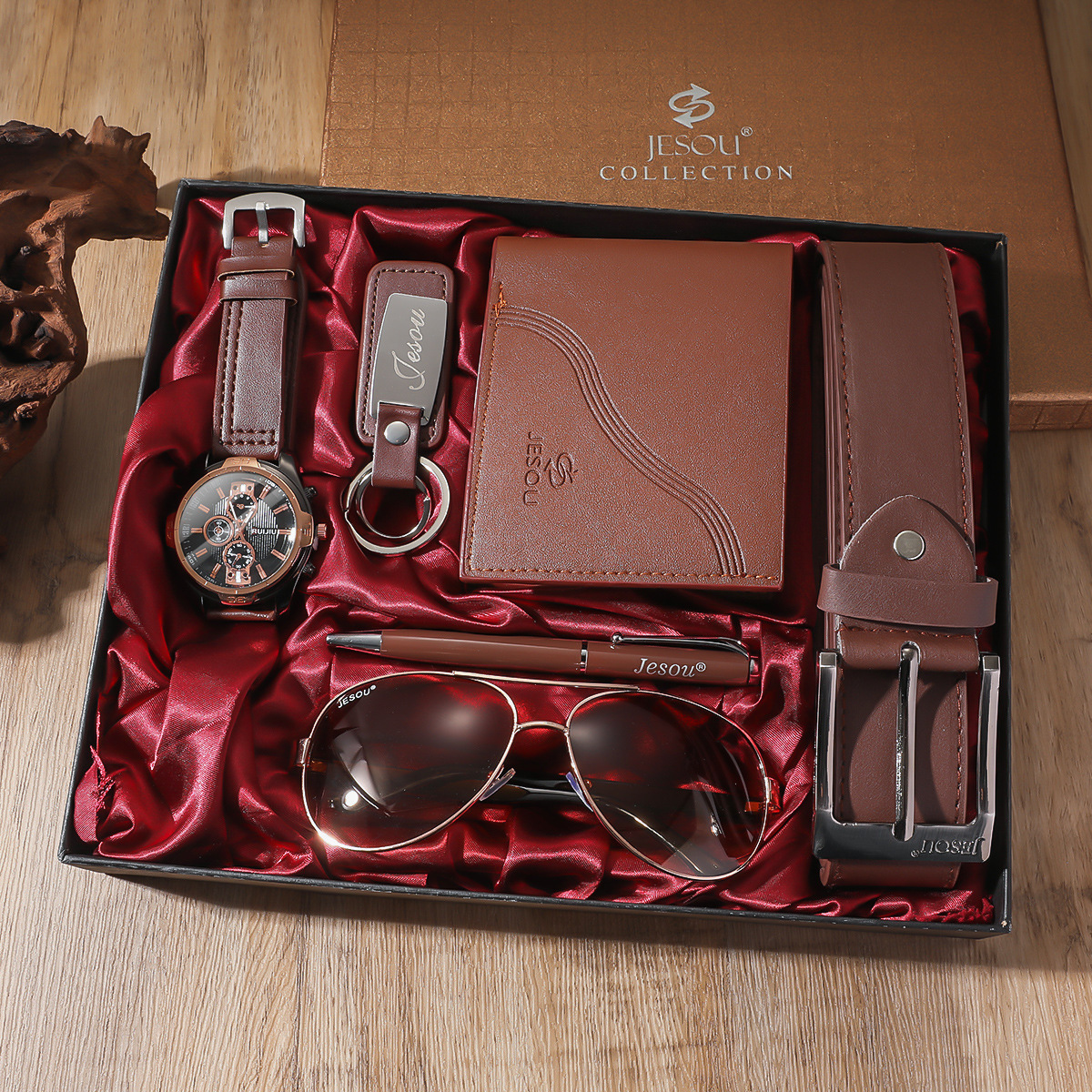 Men Gift Set 6Pcs Creative Simple Combo, Wrist Watch+Leather Belt+Wallet+Sunglasses+Pen+Keychain, Elegant Gift Box Packing