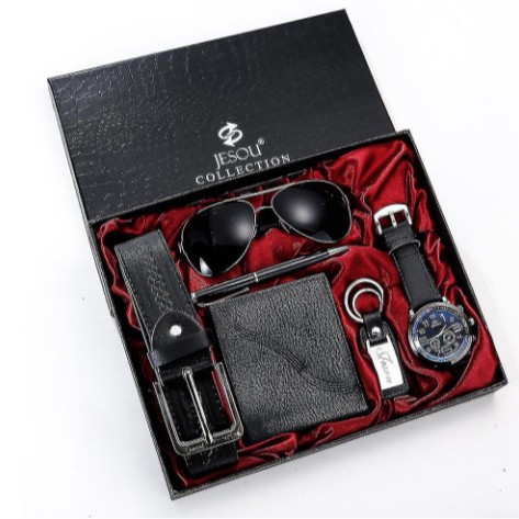 Men Gift Set 6Pcs Creative Simple Combo, Wrist Watch+Leather Belt+Wallet+Sunglasses+Pen+Keychain, Elegant Gift Box Packing