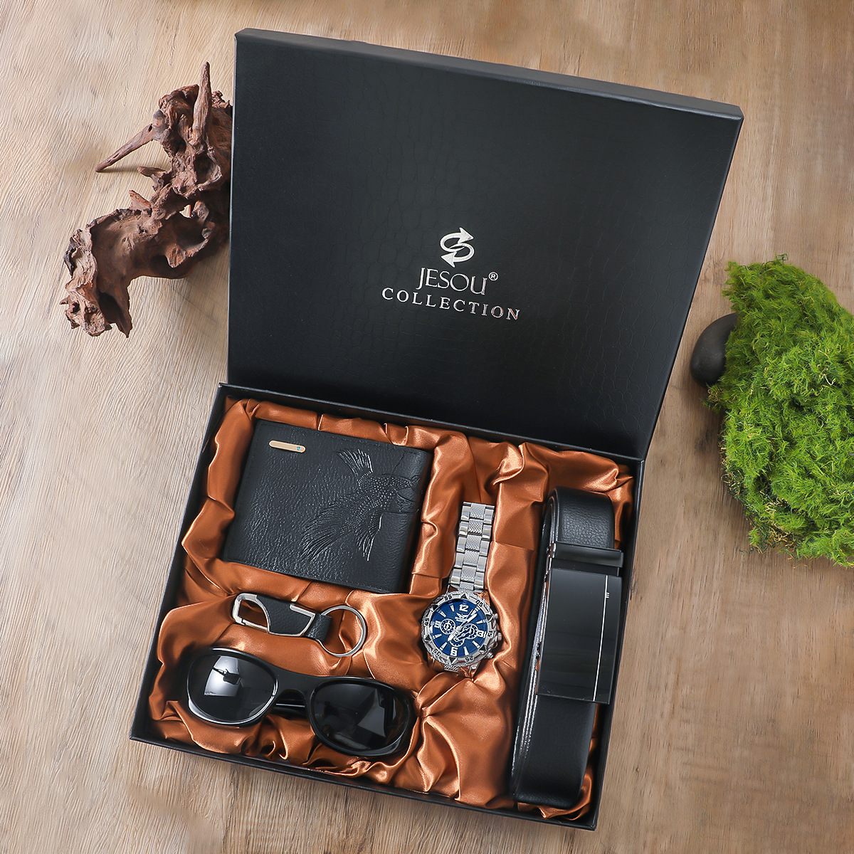 Men Gift Set 6Pcs Creative Simple Combo, Wrist Watch+Leather Belt+Wallet+Sunglasses+Pen+Keychain, Elegant Gift Box Packing