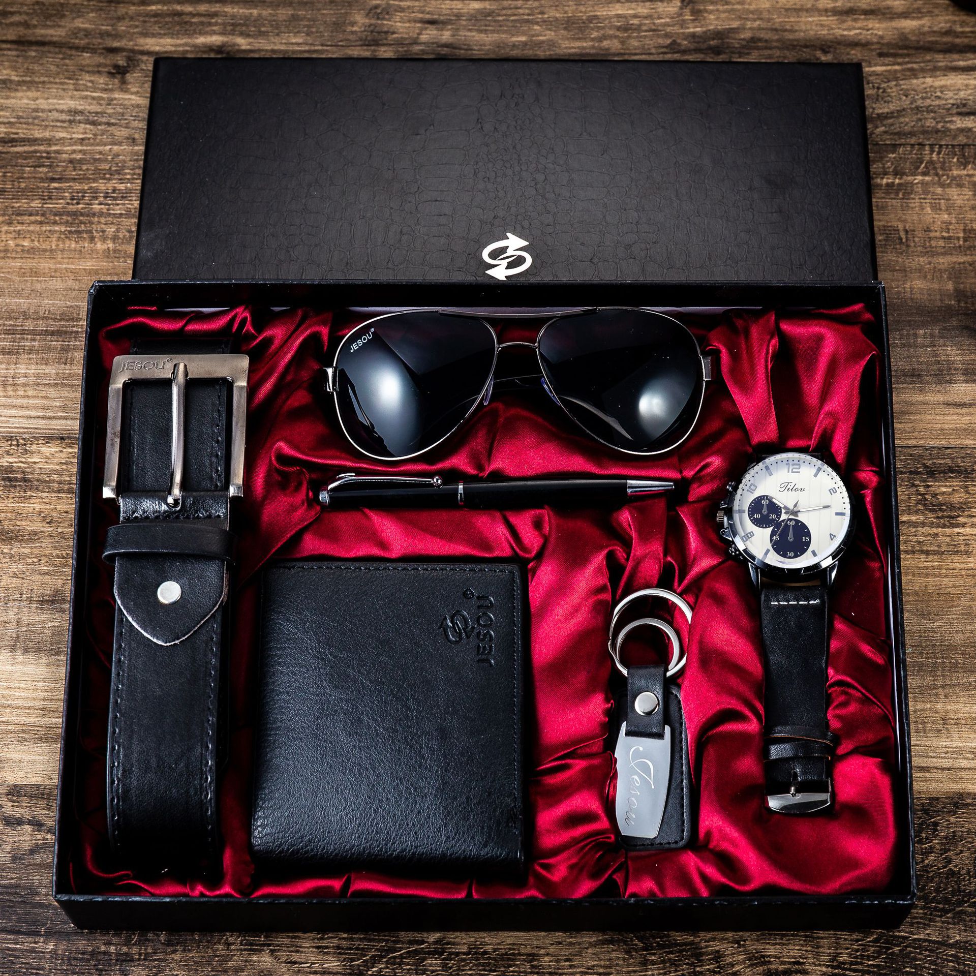 Men Gift Set 6Pcs Creative Simple Combo, Wrist Watch+Leather Belt+Wallet+Sunglasses+Pen+Keychain, Elegant Gift Box Packing
