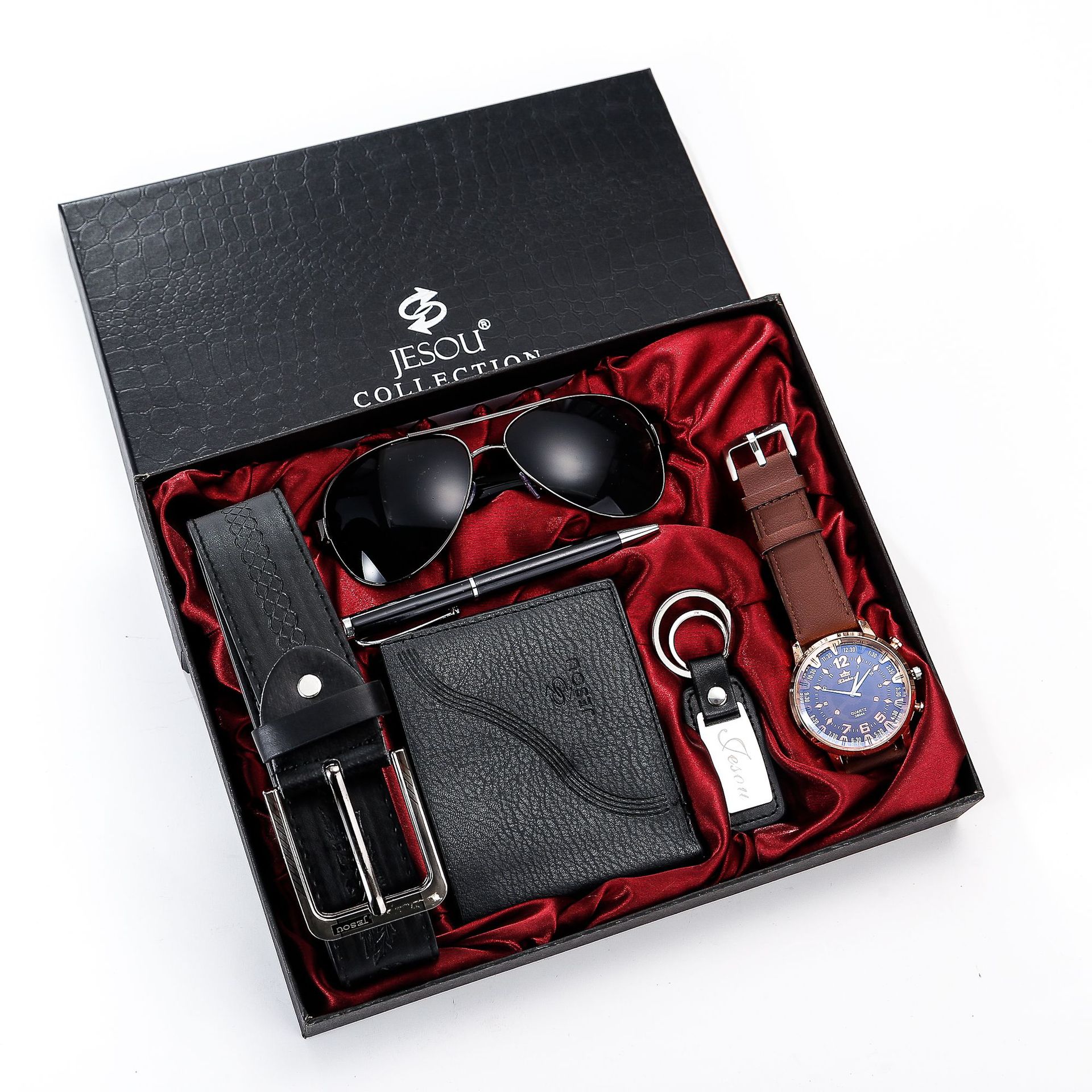 Men Gift Set 6Pcs Creative Simple Combo, Wrist Watch+Leather Belt+Wallet+Sunglasses+Pen+Keychain, Elegant Gift Box Packing
