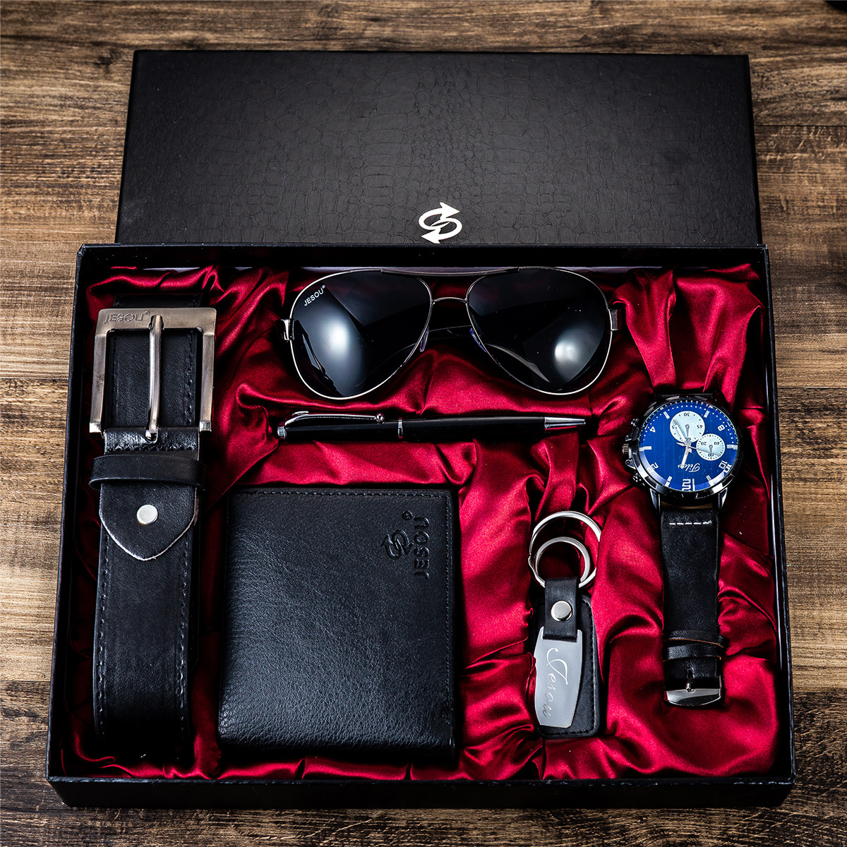 Men Gift Set 6Pcs Creative Simple Combo, Wrist Watch+Leather Belt+Wallet+Sunglasses+Pen+Keychain, Elegant Gift Box Packing
