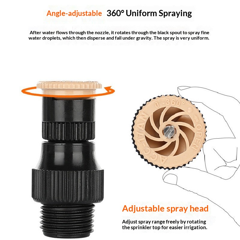 360° Adjustable Rotating Ground-Stake Sprinkler – ABS Lawn Irrigation Head – 90/180/360-Degree Atomizing Sprinkler – 0–12m Spray Radius