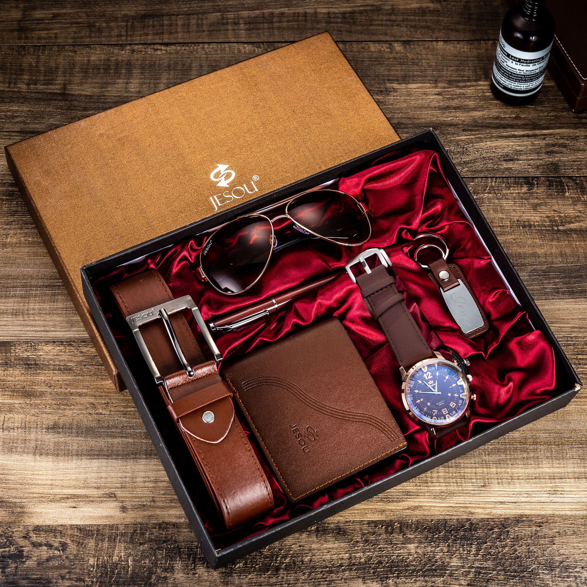 Men Gift Set 6Pcs Creative Simple Combo, Wrist Watch+Leather Belt+Wallet+Sunglasses+Pen+Keychain, Elegant Gift Box Packing