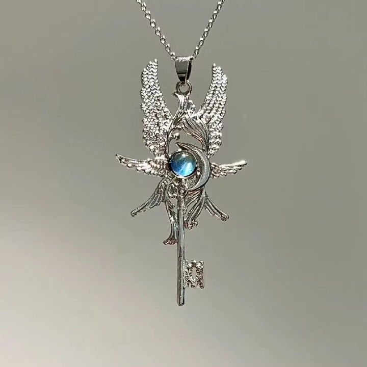 Retro Personality Revenge Angel Blue Moonlight Gemstone Angel Wings Key Pendant Necklace for Men Women Jewelry Accessories Gifts