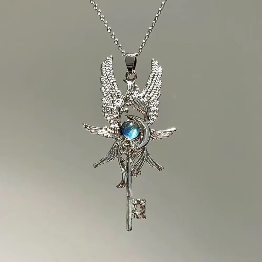 Retro Personality Revenge Angel Blue Moonlight Gemstone Angel Wings Key Pendant Necklace for Men Women Jewelry Accessories Gifts