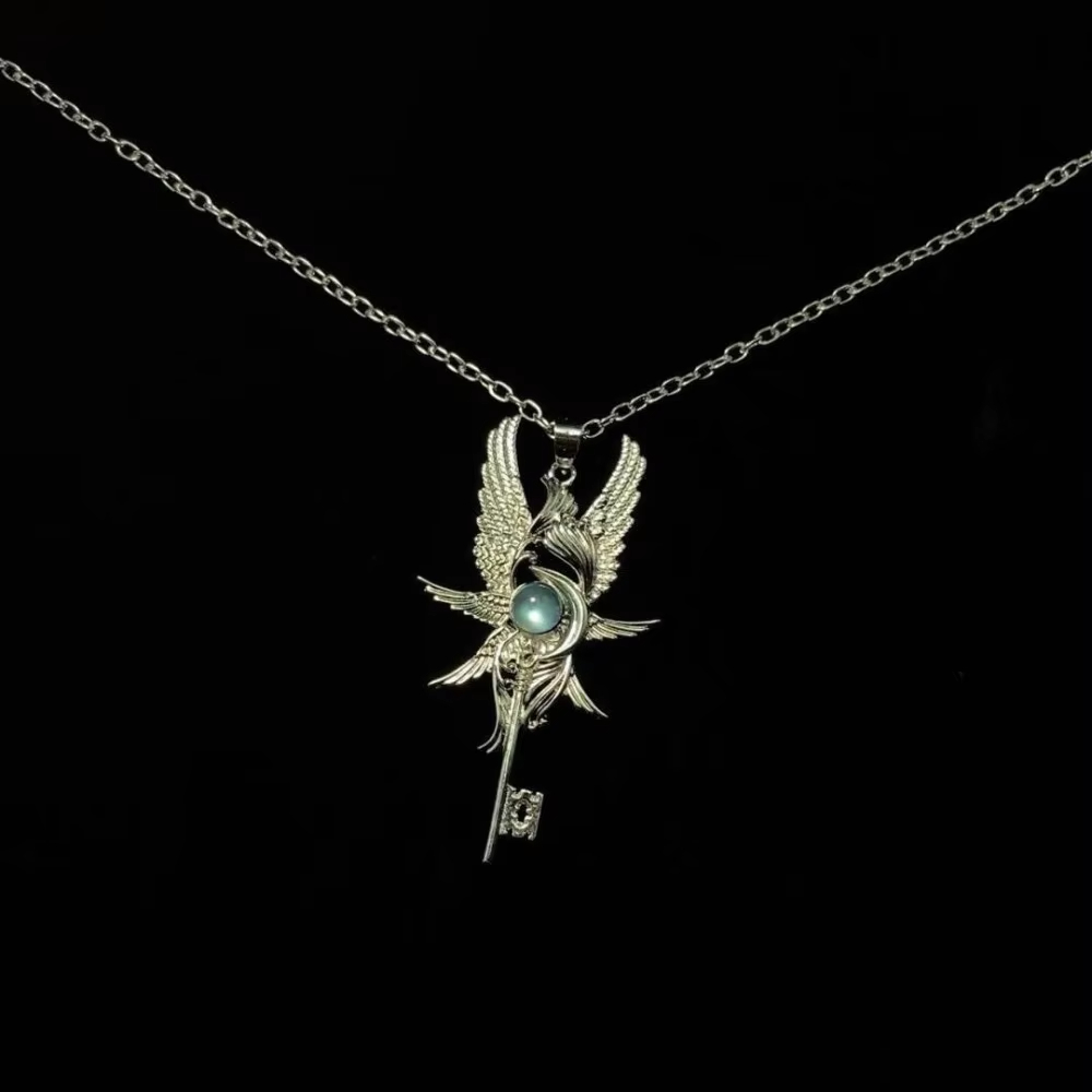 Retro Personality Revenge Angel Blue Moonlight Gemstone Angel Wings Key Pendant Necklace for Men Women Jewelry Accessories Gifts