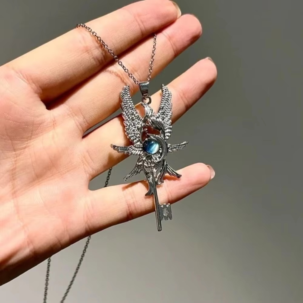 Retro Personality Revenge Angel Blue Moonlight Gemstone Angel Wings Key Pendant Necklace for Men Women Jewelry Accessories Gifts