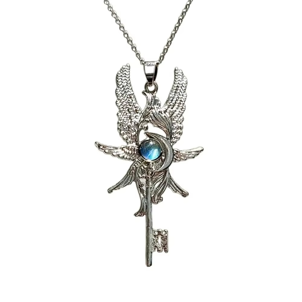 Retro Personality Revenge Angel Blue Moonlight Gemstone Angel Wings Key Pendant Necklace for Men Women Jewelry Accessories Gifts