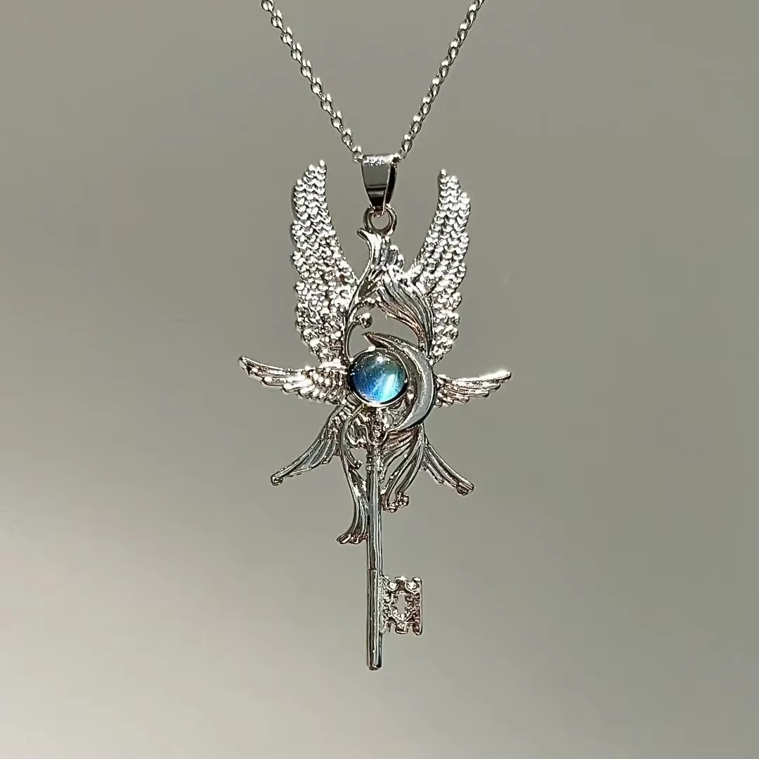 Retro Personality Revenge Angel Blue Moonlight Gemstone Angel Wings Key Pendant Necklace for Men Women Jewelry Accessories Gifts