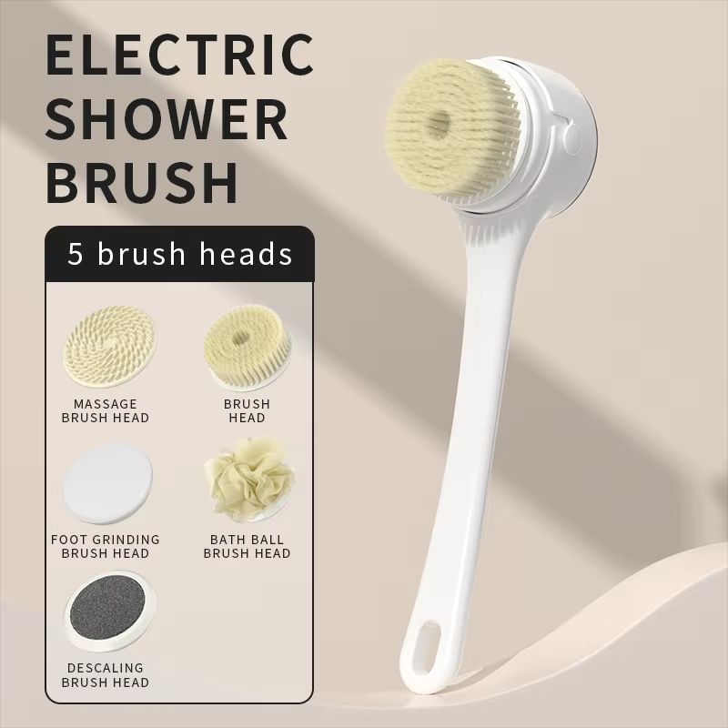 2025 NEW Electric Shower Body Cleaning Brush 5 Heads Spinning Spa Bath Brush Waterproof Long Handle Personal Back Rubbing 3 Gear
