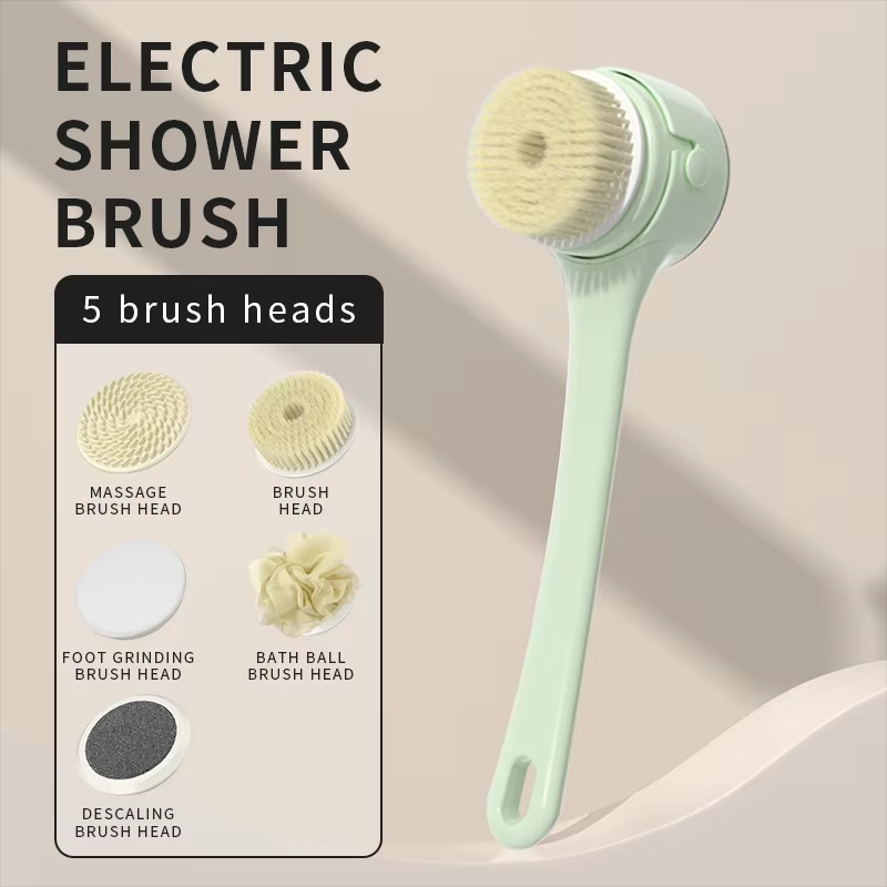 2025 NEW Electric Shower Body Cleaning Brush 5 Heads Spinning Spa Bath Brush Waterproof Long Handle Personal Back Rubbing 3 Gear