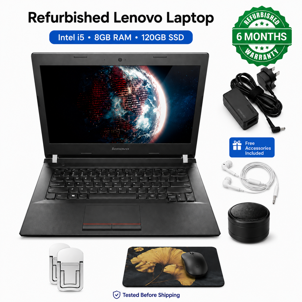 Refurbished Laptops, Lenovo E40-80 laptop, 14.6-inch monitor, Intel i5 5th generation CPU, 8GB RAM, 120GB SSD，Headphones Mouse Speaker Laptop Stand Mouse Pad as gift,computer