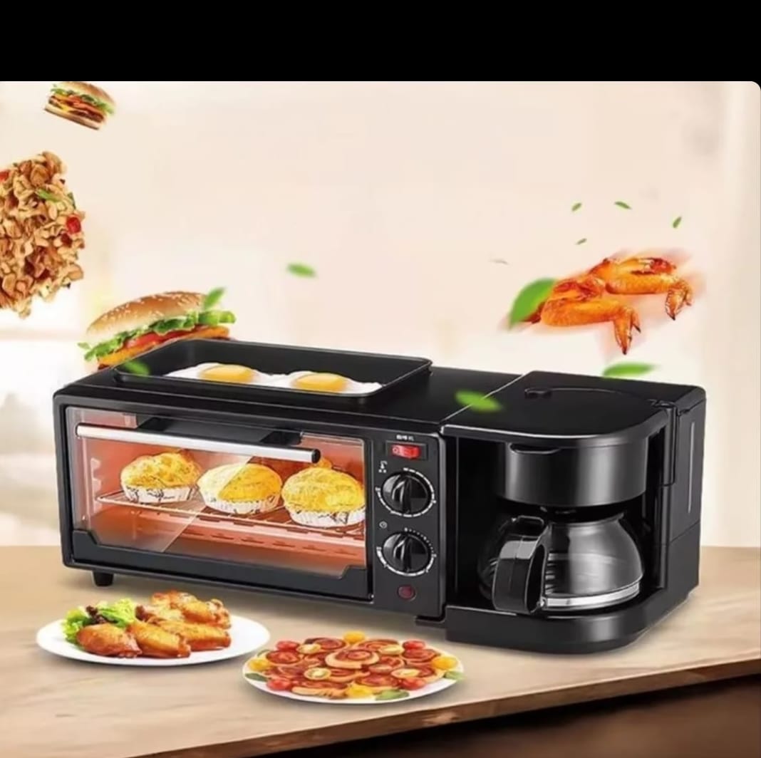 BEST DEAL♨️♨️REKI 3 in 1 Multifunctional Breakfast Maker Station Oven Frying Pan Coffee Brewer Combo Compact Space Saving Kitchen Appliance for Toast Eggs Pancakes Sausages Coffee Tea Home Office Use