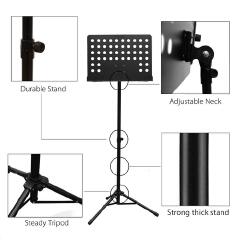 Professional Music/ book Stand, Fixed Metal Desk | Adjustable Height & Angle | Reinforced Tripod Base | Sheet Clip Holders | Suitable for Sheet Music & Books | Black