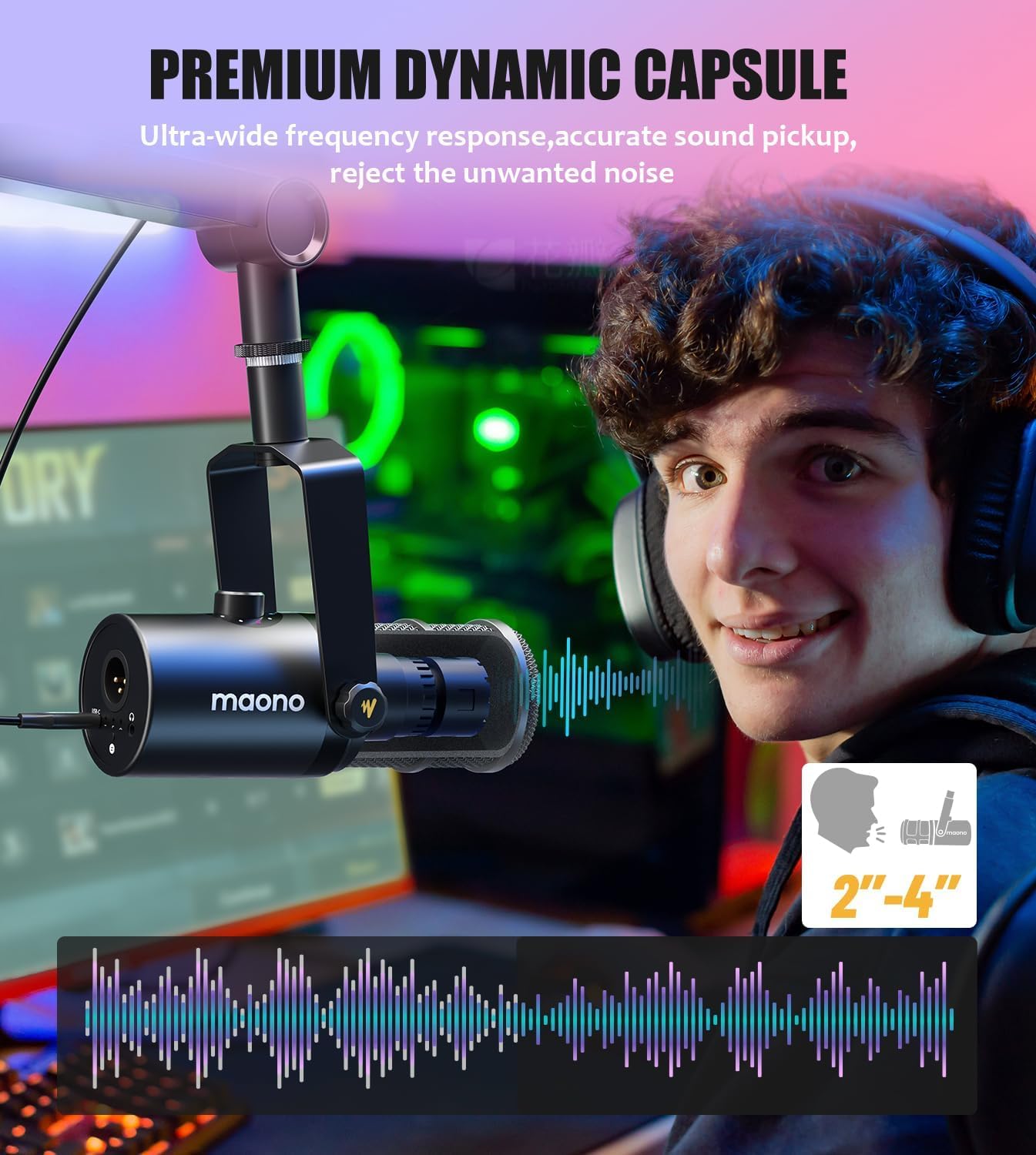 MAONO Dynamic Microphone, USB/XLR Podcast PC Microphone with Software, EQ,Tap-to-Mute, Headphone Jack, Gain Knob & Volume Control, Studio Mic for Broadcast, Recording, Streaming & Gaming PD400X Black