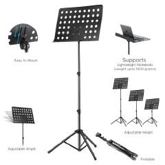 Professional Music/ book Stand, Fixed Metal Desk | Adjustable Height & Angle | Reinforced Tripod Base | Sheet Clip Holders | Suitable for Sheet Music & Books | Black
