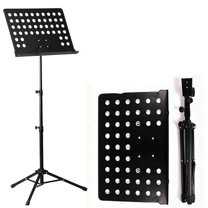 Professional Music/ book Stand, Fixed Metal Desk | Adjustable Height & Angle | Reinforced Tripod Base | Sheet Clip Holders | Suitable for Sheet Music & Books | Black