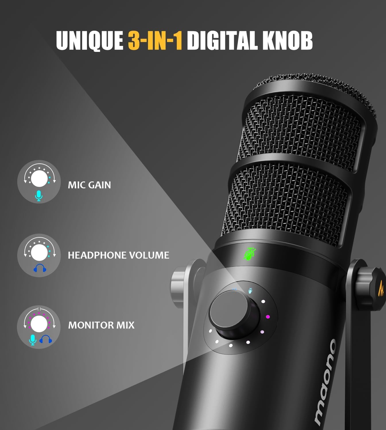 MAONO Dynamic Microphone, USB/XLR Podcast PC Microphone with Software, EQ,Tap-to-Mute, Headphone Jack, Gain Knob & Volume Control, Studio Mic for Broadcast, Recording, Streaming & Gaming PD400X Black
