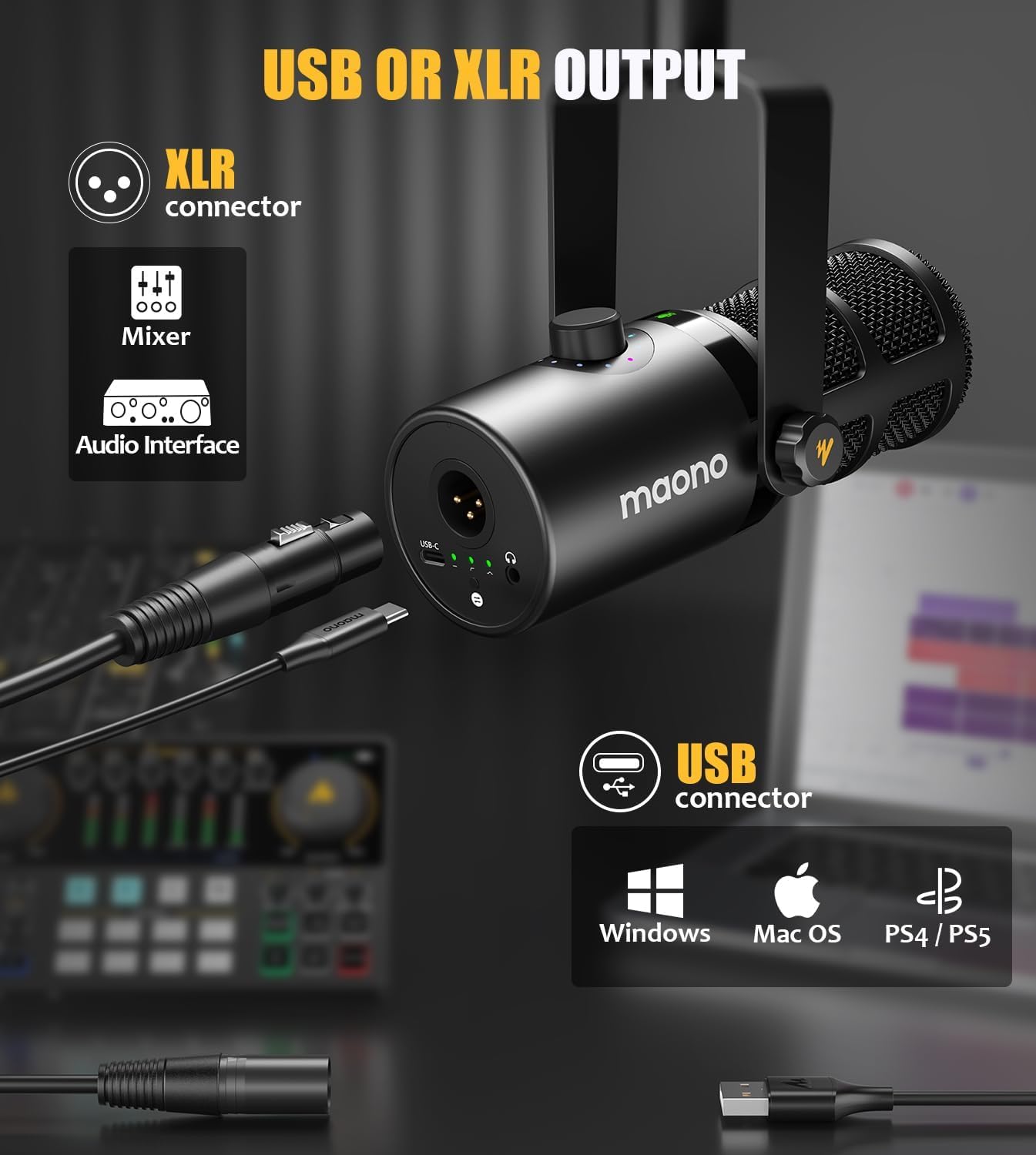 MAONO Dynamic Microphone, USB/XLR Podcast PC Microphone with Software, EQ,Tap-to-Mute, Headphone Jack, Gain Knob & Volume Control, Studio Mic for Broadcast, Recording, Streaming & Gaming PD400X Black