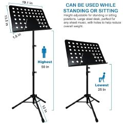 Professional Music/ book Stand, Fixed Metal Desk | Adjustable Height & Angle | Reinforced Tripod Base | Sheet Clip Holders | Suitable for Sheet Music & Books | Black