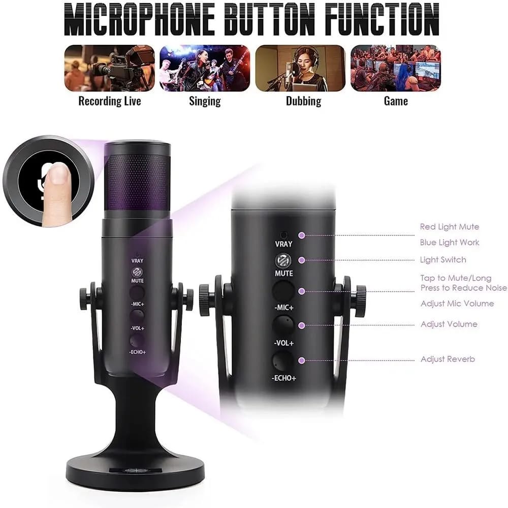 USB Condenser Microphone Compatible with PCs, with Noise Cancelling & Reverb, Studio Microphone for Voice and Music Recording, Podcasting, Streaming and Gaming