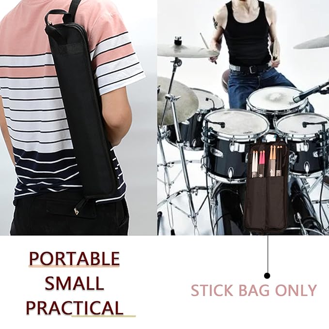 Universal Drum Stick Bag, Black Drumstick Case Holder for All Drumsticks and Percussion Mallets, Essential Drum Set Accessory with Hanging Loop, Easy Access and Secure Storage (Black)