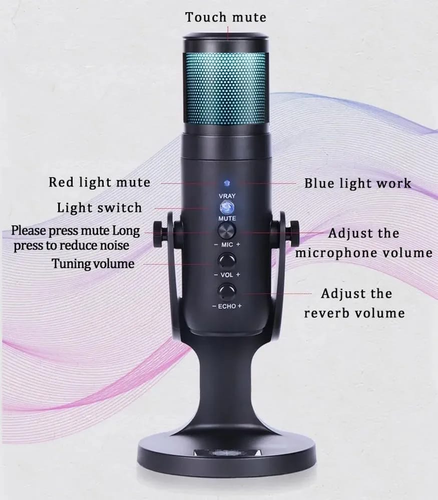 USB Condenser Microphone Compatible with PCs, with Noise Cancelling & Reverb, Studio Microphone for Voice and Music Recording, Podcasting, Streaming and Gaming