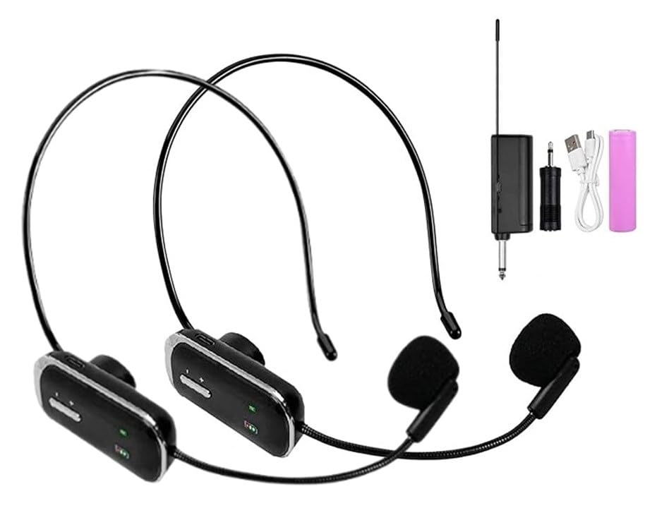 Dual Wireless Microphone Headset for 2 People with 1/4''Plug, Range, UHF Wireless Headset Mic for Karaoke Speaker, Amplifier, Mic Speakers, PA System, Teaching, Fitness Teaching, Conferences