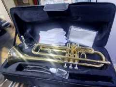 Professional Trumpet Set (Premier)– Gold Trumpe with Hard Case, 7C Mouthpiece, Valve Oil, gloves, strap– Ideal for Students & Band Performances