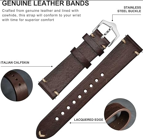 Premium 22mm Leather Watch Strap for Smartwatch, Universal Replacement Wrist Band, Quick Release Adjustable Watch Band, Business Casual Leather Strap, Black