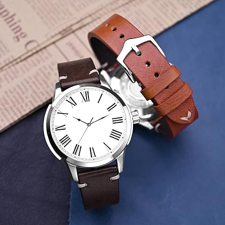 Premium 22mm Leather Watch Strap for Smartwatch, Universal Replacement Wrist Band, Quick Release Adjustable Watch Band, Business Casual Leather Strap, Black