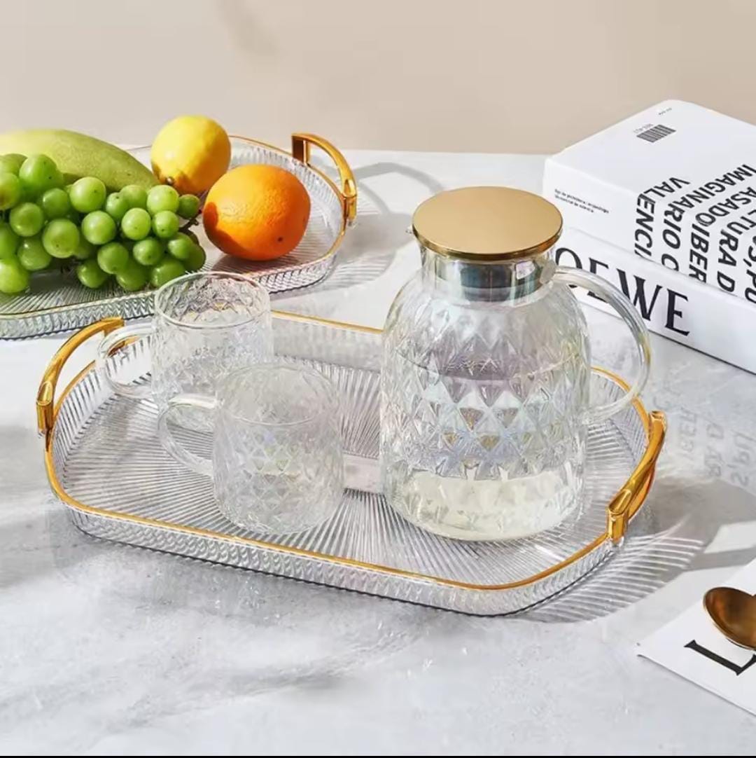 Luxury Decorative Acrylic Serving Tray with Elegant Golden Handles – Crystal-Clear Display Tray for Home Décor, Coffee Table, Dining, Kitchen & Vanity Organization