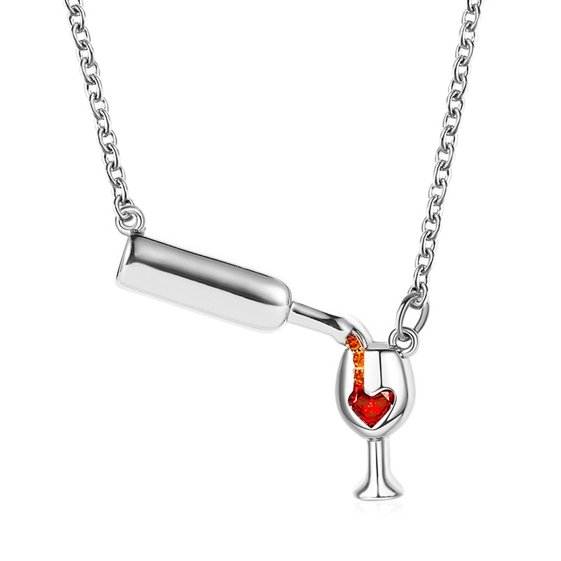 Best-selling Creative Design Wine Bottle Necklace for Women: Unique Heart-Shaped Diamond-Studded Wine Bottle and Stemmed Glass Collar Necklace