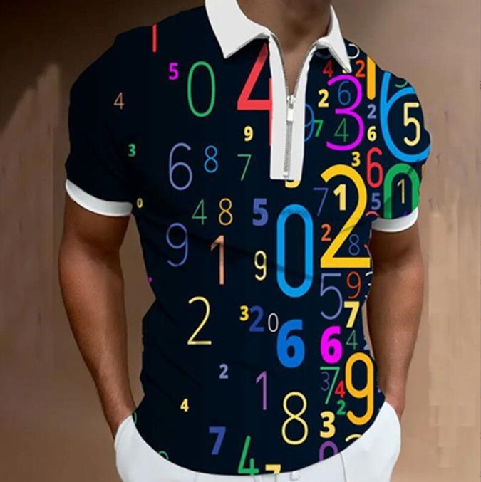 New men's casual breathable short sleeved T-shirt POLO shirt casual lapel 3D printed short sleeved zipper POLO men's clothing