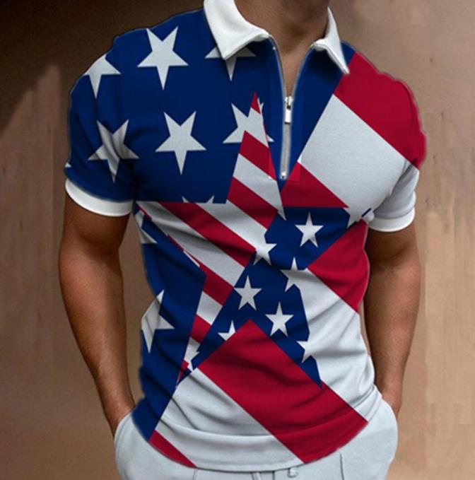 New men's casual breathable short sleeved T-shirt POLO shirt casual lapel 3D printed short sleeved zipper POLO men's clothing