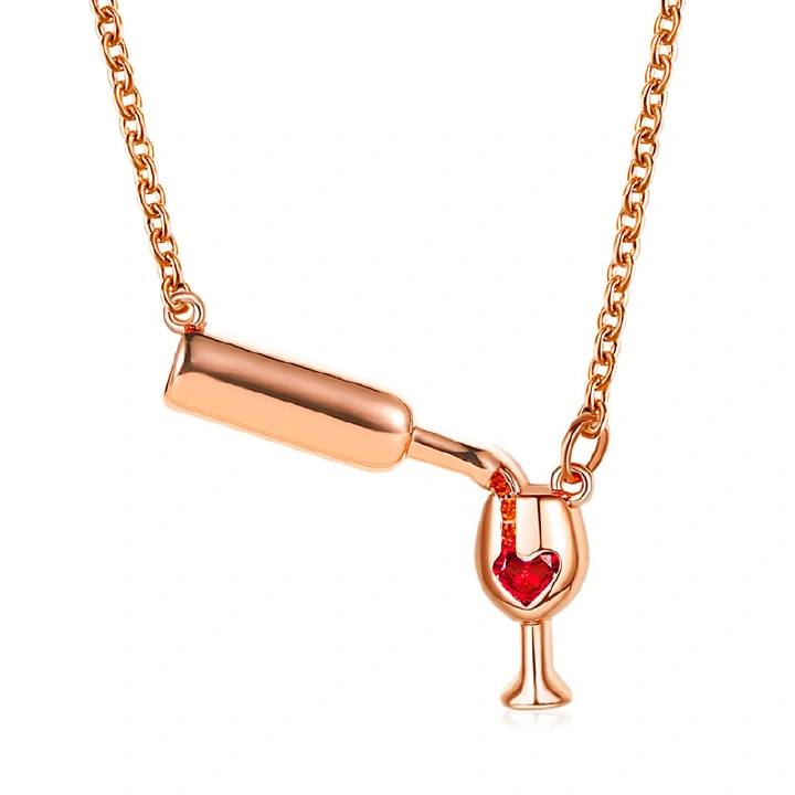 Best-selling Creative Design Wine Bottle Necklace for Women: Unique Heart-Shaped Diamond-Studded Wine Bottle and Stemmed Glass Collar Necklace